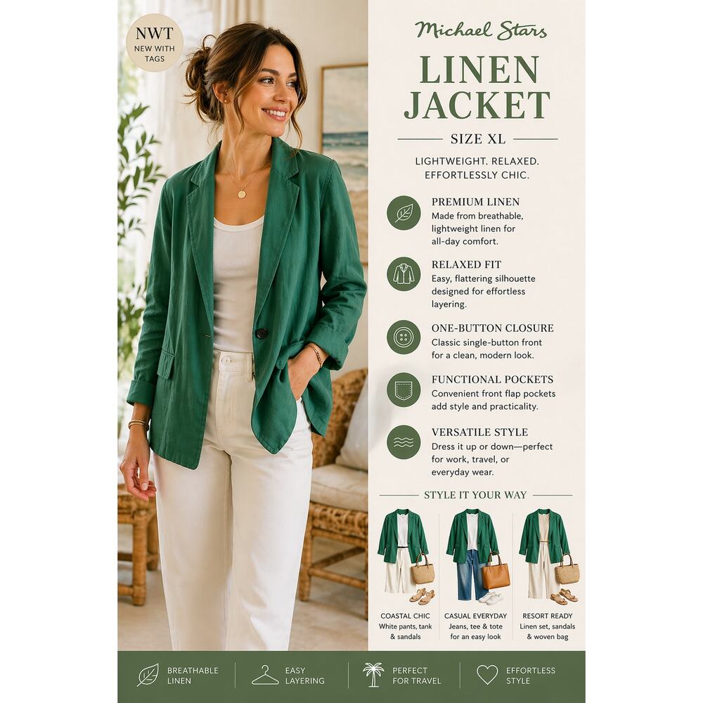 Michael Stars Linen Blazer Green XL Lightweight One Button Jacket Classic